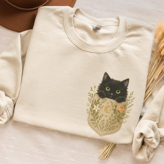 Peeking Black Cat Sweatshirt, Cute Floral Kitten Pullover, Pocket Print Crewneck, Cozy Cat Lover Gift