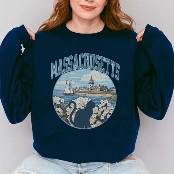 Massachusetts Cat Lover Sweatshirt, States crewneck, moving away present for-her, cat mama gift, collegiate style sweater-shirt