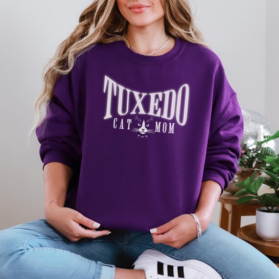 Tuxedo Cat Mom Sweatshirt with Bold Warped Text & Minimalist Graphic, Unisex Crewneck Pullover, Pet Lover Gift, Animal Print Top, Tuxie Cat