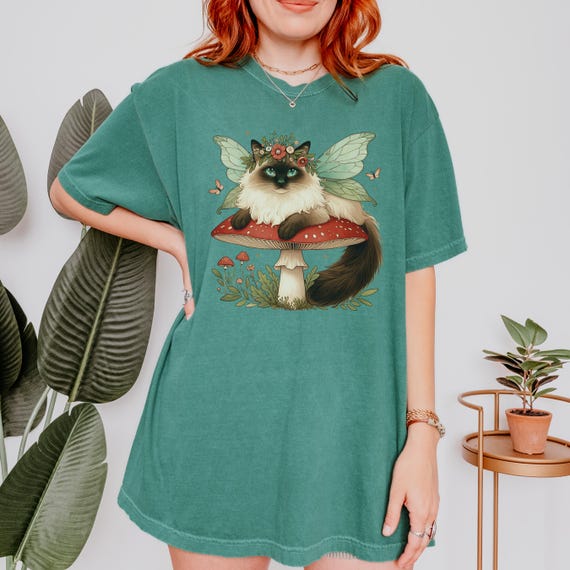 Cute Siamese Fairy Cat T-Shirt, Cottagecore Fairycore Comfort Colors Tee, Cat Lovers Gift for Her, Magical Cat, Mushrooms and Wildflowers