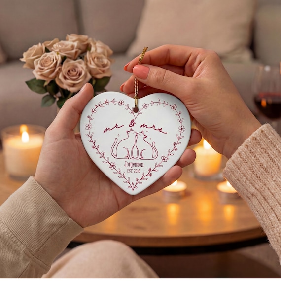 Personalized Cat Couple Ornament, Custom Anniversary Gift, Heart Ceramic Keepsake (Est. Year)