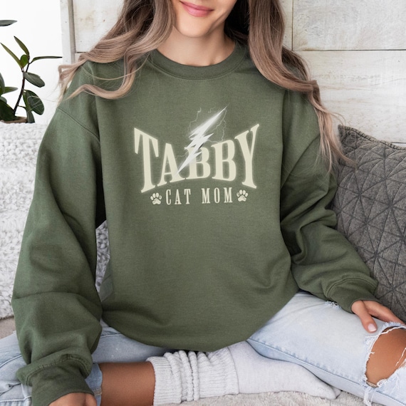 Tabby Cat Mom Sweatshirt, Oversized Cozy Sweater, Lightning Bolt, Christmas Gift, Athletic Style Trendy Crewneck, Unisex Pullover