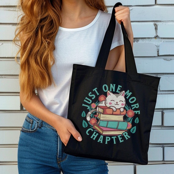 Cat Lover Tote Bag, Retro Daisy Design, Just One More Chapter, Bookworm Gift, Cotton Canvas Bag, Book Tote, Cute Cat Tote