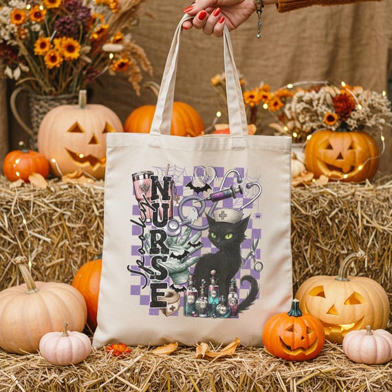 Spooky Nurse Cat Halloween Tote Bag: Witchy RN Gift