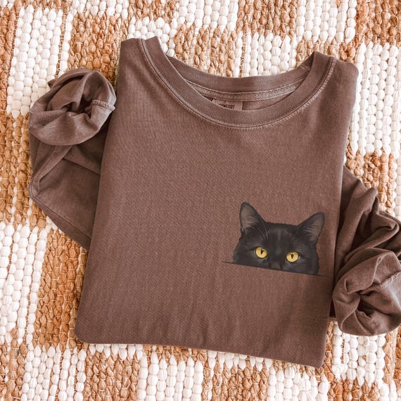 Peeking Black Cat Comfort Colors Long Sleeve Shirt, Funny Cat Lover Gift