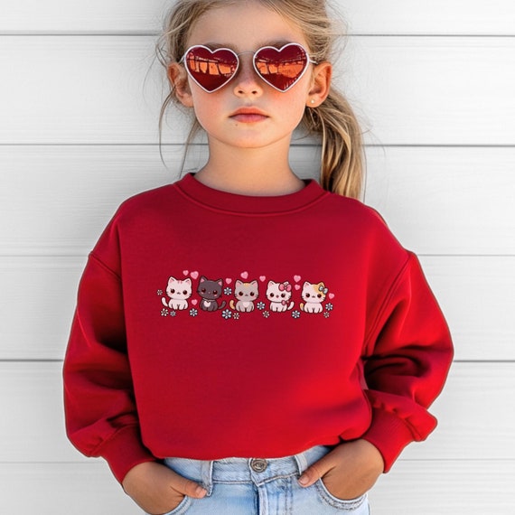 Kawaii Kitties Youth Sweatshirt, Retro Daisy Hearts Design, Cute Crewneck Pullover, Gift for Cat Kid, Adorable Print Top, Kids Clothing
