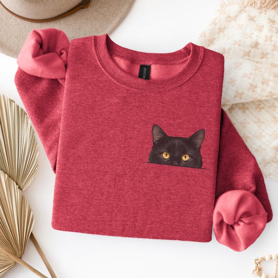 Peeking Black Cat Pocket Design Sweatshirt, Funny Cat Lover Crewneck