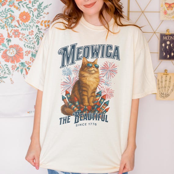 Fireworks Kitty USA Shirt,  Funny 4th of July Comfort Colors Tee, Patriotic Cat T-Shirt, Independence Day Top, Meowica the Beautiful Shirt
