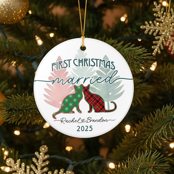 Personalized First Christmas Married Ornament: Cat Couple Keepsake 2025