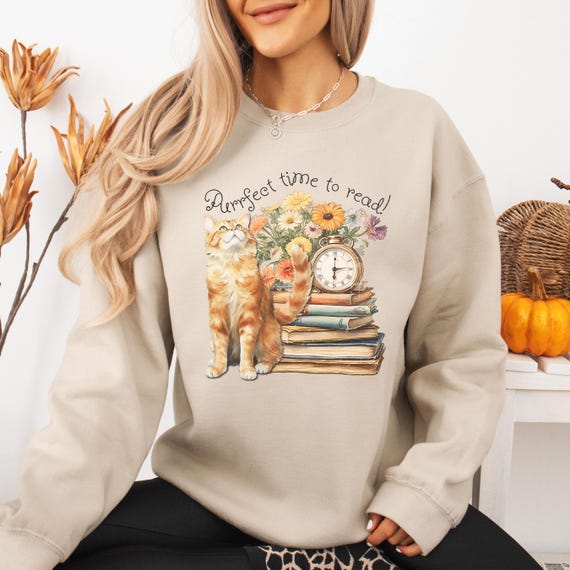 Orange Cat Floral Sweatshirt, Cozy Purrfect Time to Read Sweater, Vintage Style Crewneck, Book Lover Gift, Cat Lady Shirt, Cat Person Gift