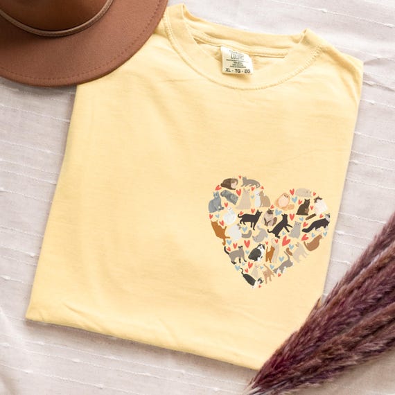 Heart Kitties Shirt, Cat Love Tee for Cat Lovers, Whimsical Pocket-design, Cute Cat Lover Gift, Comfort Colors Tee, Soft Aesthetic Cat Shirt