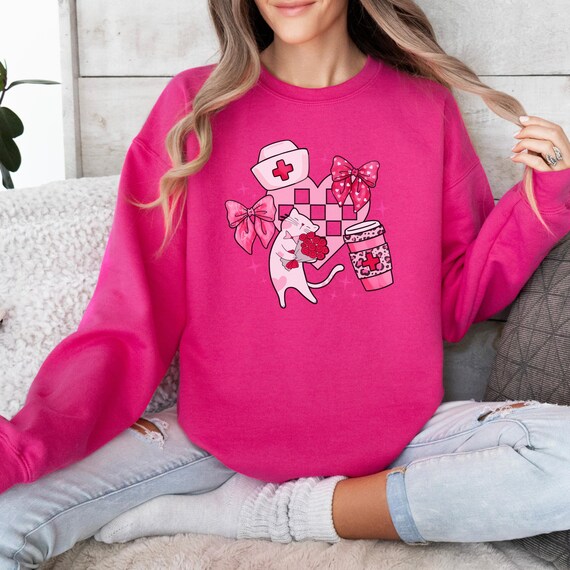 Cat Lover Nurse Valentine Sweatshirt, Coquette Bows Pink Red Checkered Heart Unisex Crewneck, Gift for Cat Owners, Valentine's Day Shirt