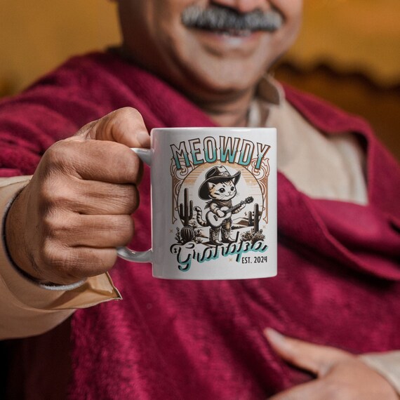 Personalized new Grandpa cute cat mug, Wild West cat lovers gift!