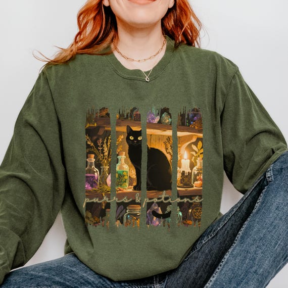 Witchy Black Cat Long Sleeve Shirt: Potion Bottles Comfort Colors Tee