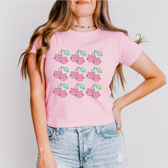Kawaii Cherry Cats Baby Tee, Cat Lover Gift, Cute Cat Youth Shirt, Animal Cherries Graphic T-Shirt, Gift for Girl, Fun Cat Person Crew Neck