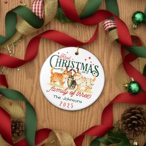 Personalized Cat Family First Christmas Ornament: Family of Three Keepsake