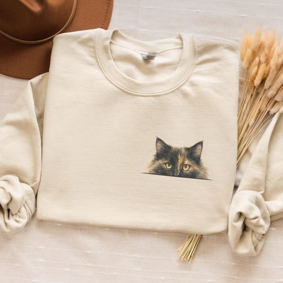 Peeking Longhaired Tortoiseshell Cat Sweatshirt: Cute Tortie Kitty Pocket Design
