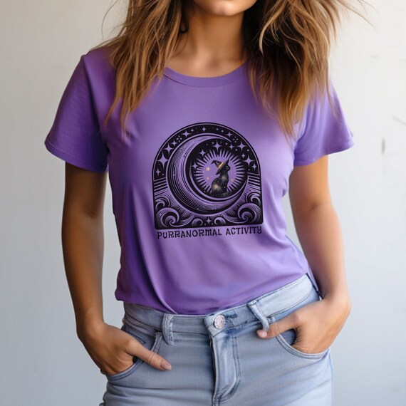 Cute Cat Witch Trendy Fall Tshirt with Moon and Stars, Funny Halloween Oversized Shirt, Mystical Cats Holiday Apparel Gift for Cat Lover