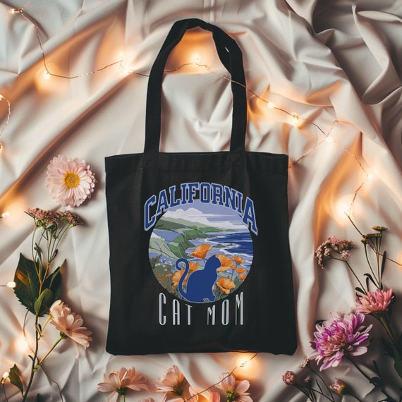 California Cat Mom Tote Bag, Cat Silhouette with Pacific Coast and Poppy Flowers, Beach Tote, Cat Lover Gift, Canvas Tote, Floral Bag,