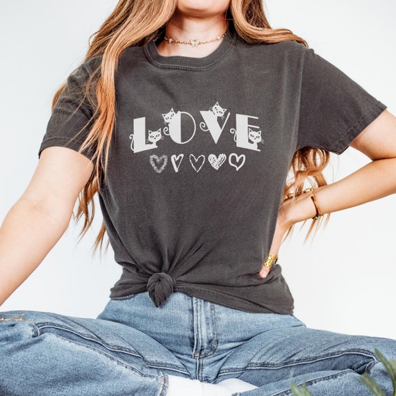 Cat Lover T-shirt, Cute Kitten Shirt, Comfort Colors Tee, Sketched Hearts, Cat Font, Cute Cat Love Gift, Cat Lovers Valentine, Gift for Her