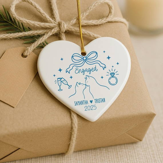 Personalized Engagement Ornament 2025, Heart Shaped Couple Names Keepsake, Newly Engaged Ceramic Decor