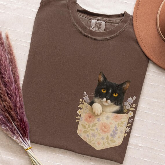 Peeking Tuxedo Cat Shirt, Cute Cat Lover Gift, Vintage Cottagecore Tee, Floral Pocket Design Comfort Colors Tee, Hiding Cat Graphic Tshirt