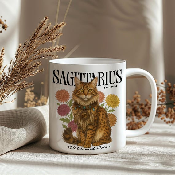 Personalized Sagittarius Cat Mug: Custom Zodiac Coffee Cup, Astrology Gift