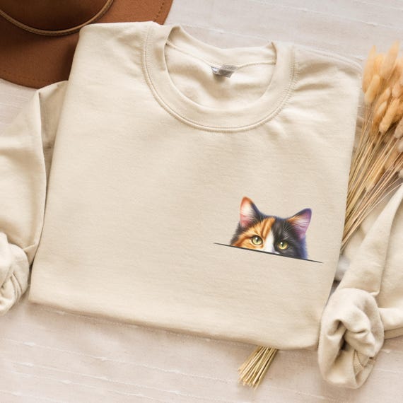 Calico Cat Crewneck, Gift for Cat Lovers, Minimalist Peeking Kitty Pocket Design, Trendy Sweatshirt, Cute Cat Shirt Gift for Cat Mom Dad
