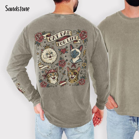 Tattoo Style Cat Dad Long Sleeve Shirt, Personalized Cat Lover Gift, Custom Cat Names