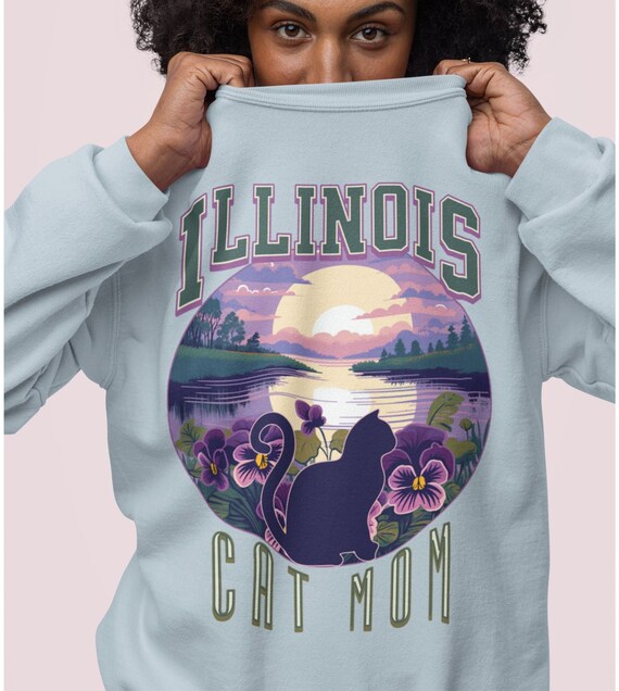 Illinois Cat Mom sweatshirt, States crewneck, moving away present for-her, cat mama gift, collegiate style sweater-shirt