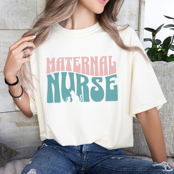 Maternal Nurse shirt for cat lovers, Comfort Colors® tee with retro wavy text and cat kitten silhouette, gift for nurse or future nurse