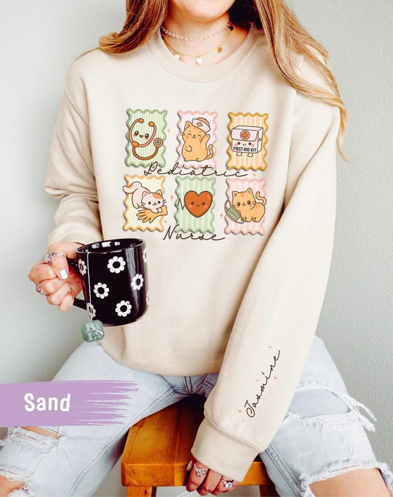 Personalized Pediatric Nurse Cat Sweatshirt: Custom RN Sleeve Name