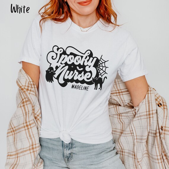 Personalized Spooky Nurse Shirt: Retro Halloween Cat & Ghost Graphic Tee