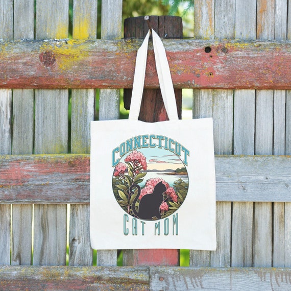 Connecticut Cat Mom Tote Bag, Mountain Laurel Flower Canvas Bag with Cat Silhouette, Nature Scene Gift for Cat Lovers, Cat Owner Tote,