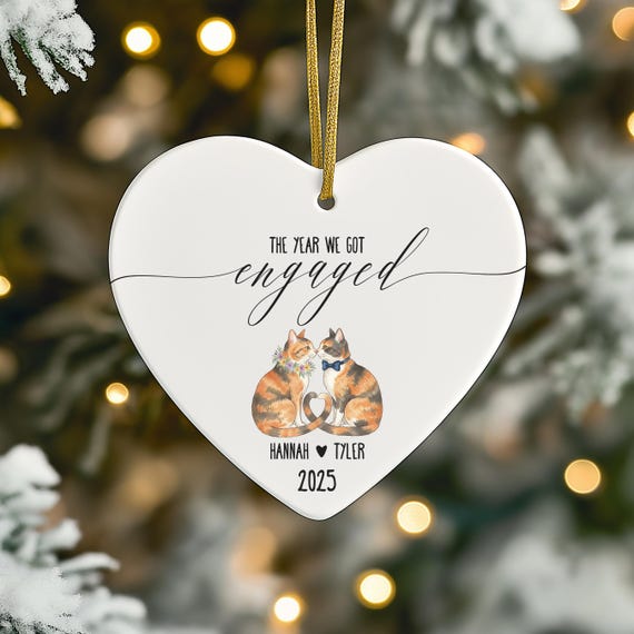 Personalized Tortie Cat Couple Engagement Ornament: Tortoiseshell Cats Wedding Keepsake