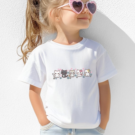 Kawaii Kitties Graphic Tee, Retro Daisies & Hearts, Kids Cat Shirt, Cute Animals Top, Cat Lover Gift, Children's Clothing