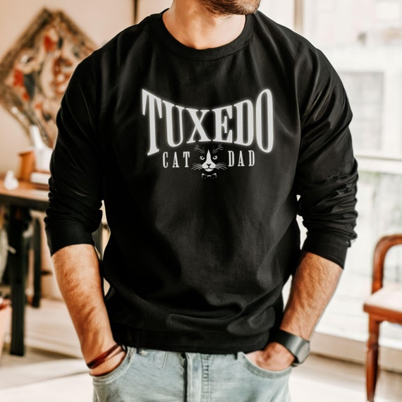 Tuxedo Cat Dad Sweatshirt - Bold Warped Text with Minimalist Graphic, Unisex Crewneck Pullover, Pet Lover Gift, Animal Print Top, Tuxie Cat