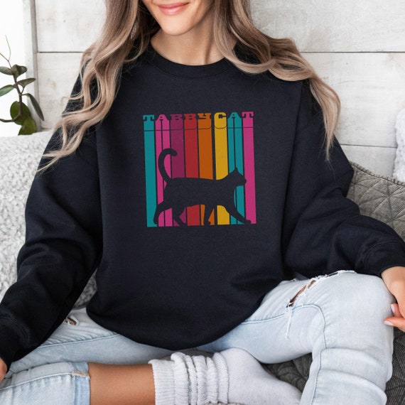 Retro Cat Sweatshirt, Tabby Cat Lover Gift, Comfy Oversized Sweater, Cat Mom Dad Christmas Gift, Boho Colors, Cat Silhouette, Bright Cat
