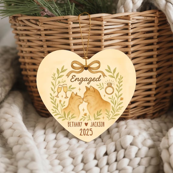 Personalized Engagement Ornament 2025, heart shaped ceramic keepsake for newly engaged couple