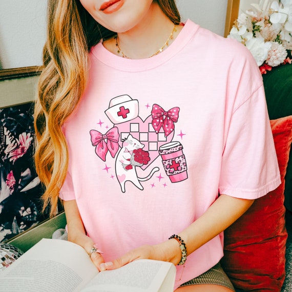 Nurse Cat Lover T-shirt, Unisex Comfort Colors® Tee, Coffee Cup,  Coquette Bows, Valentine Gift, Cute Cat Apparel, Nurses Hat,