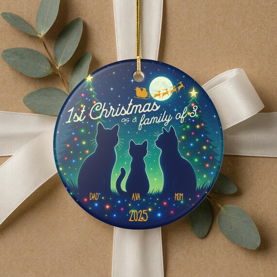 Personalized Cat Family Ornament: First Christmas Family of Three Keepsake