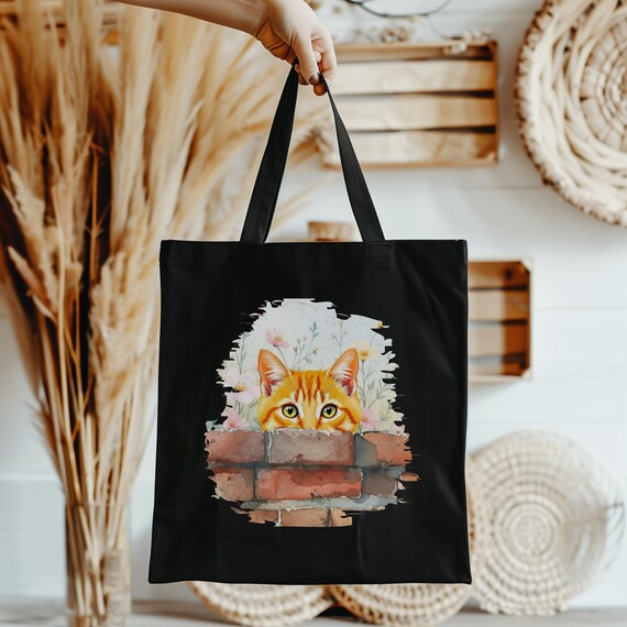 Peeking Cat Tote Bag, Orange Cat Peeking Over Brick Wall with Wildflowers, Cat Lover Gift, Beach Bag, Grocery Bag, Eco-Friendly Market Tote