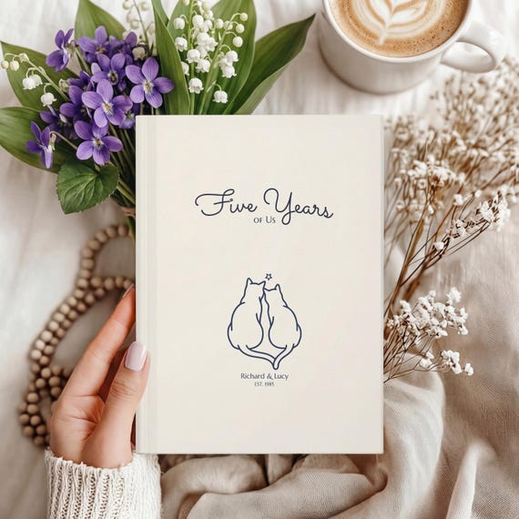 Personalized Cat Couple Anniversary Journal, Five Year Keepsake Notebook