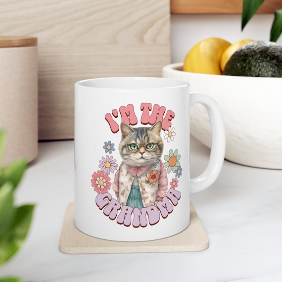 Cute Cat Mug, Funny Grandma Gift, Retro Theme Cat Lady with Pastel Pink Groovy Flowers