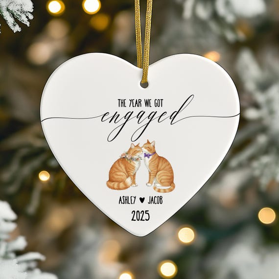 Personalized Cat Couple Engagement Ornament: Orange Tabby Cat Lover Keepsake
