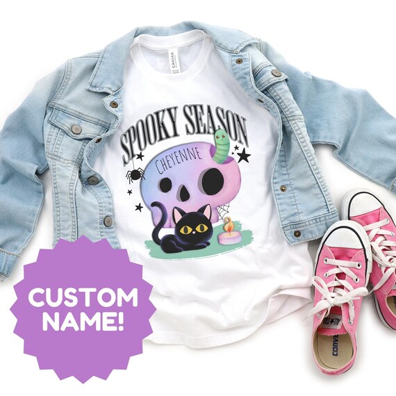Personalized Funny Halloween Custom Kids Tshirt with whimsical skull, cute worm, black cat, and spider web, cat person holiday apparel!