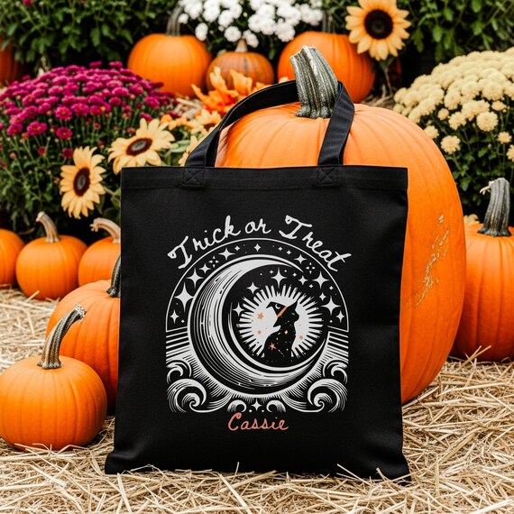 Personalized Halloween Trick or Treat Tote Bag: Witchy Cat on the Moon Silhouette