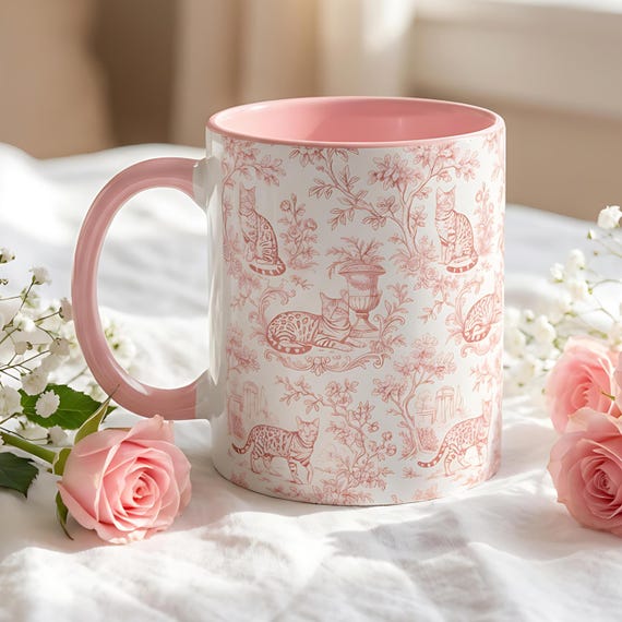 Pink Toile Bengal Cat Coffee Mug, Vintage Floral Cat Lover Gift
