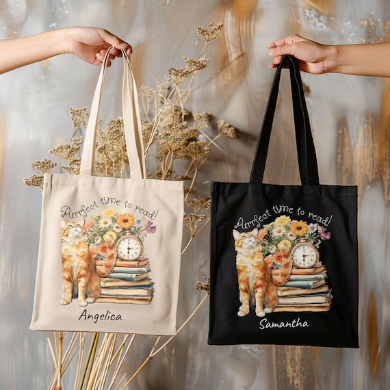 Personalized Orange Tabby Retro Watercolor Tote, Cat Lover Gift, Book Lover Gift, Vintage Clock, Wildflower Print, Purrfect Time to Read