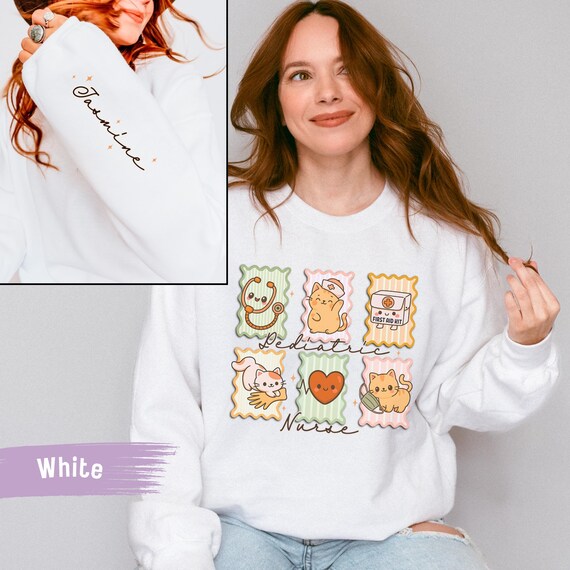 Personalized Pediatric Nurse Cat Sweatshirt: Custom RN Sleeve Name